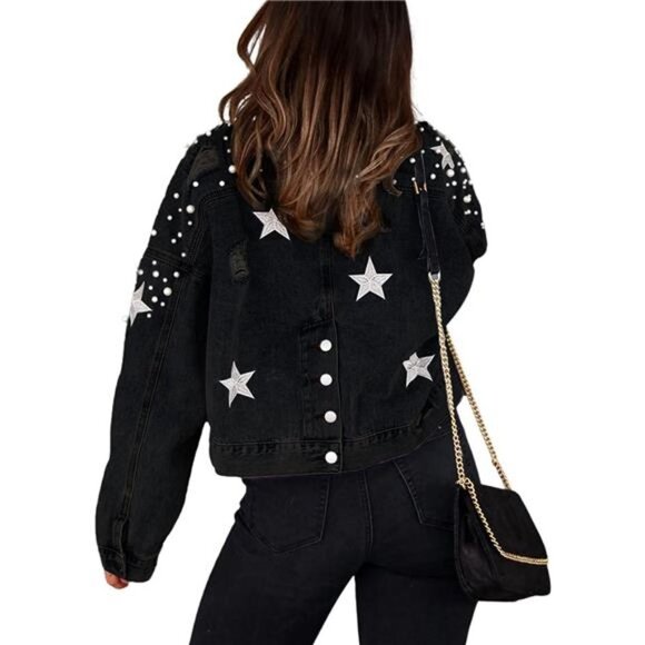 Black Embroidered Oversized Distressed Pearl Beaded Crop Denim Jean Jacket Coat - Picture 7 of 9